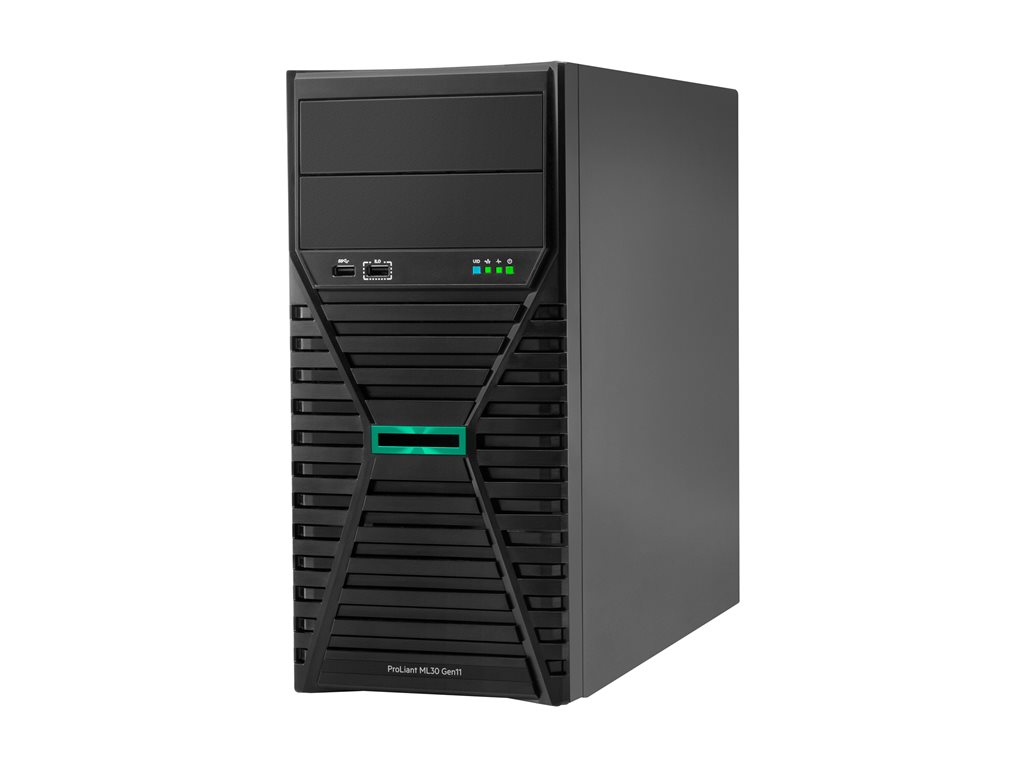 HPE ProLiant ML30 Gen11 Smart Choice Modell, Tower LFF, Xeon E-2414 (2.6GHz / 4c), 1x 32GB, Intel VROC SATA SW RAID, 4x LFF Slots non Hot-Plug, 2x 1TB SATA HDD (801882-B21), 4x 1G RJ45 (BCM5719 / 331T), 350W NHP Netzteil, Garantie 3-1-1